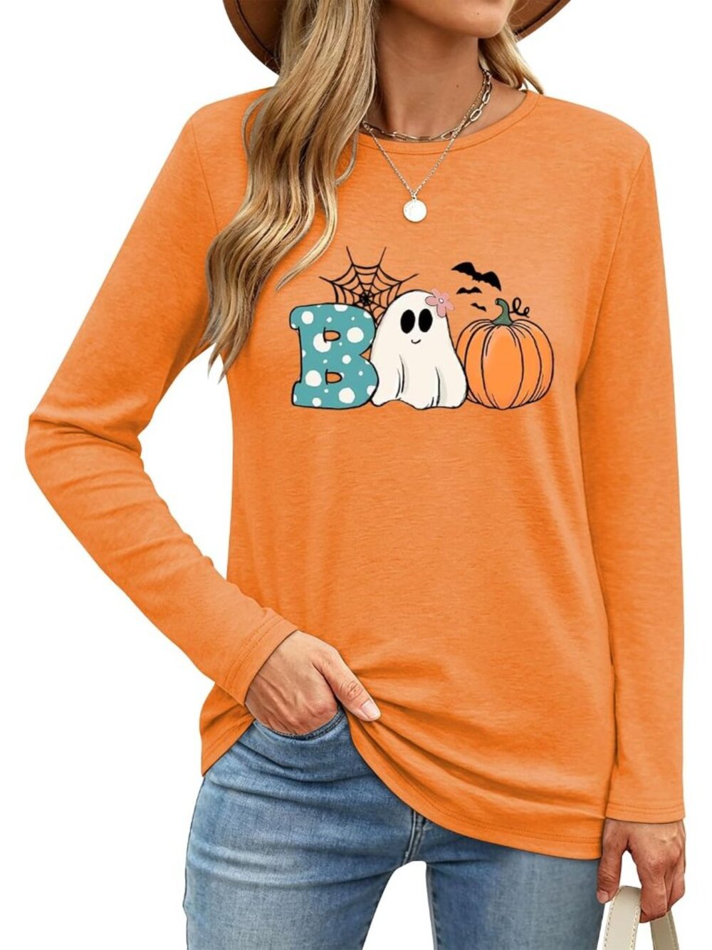🎃Women's Orange Boo Pumpkin Ghost Long Sleeve Crew Neck Tops Halloween Shirts - Picture 2 of 5